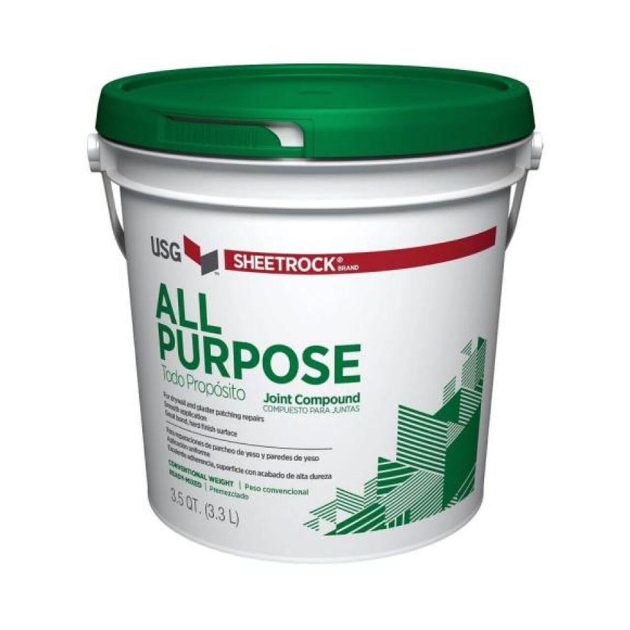 A white plastic container with a green lid labeled Go Build 3.5 qt. All-Purpose Joint Compound - Pre-Mixed in English and Spanish, featuring green geometric designs; holds 3.5 quarts (3.3 liters). Ideal for use with paper joint tape.
